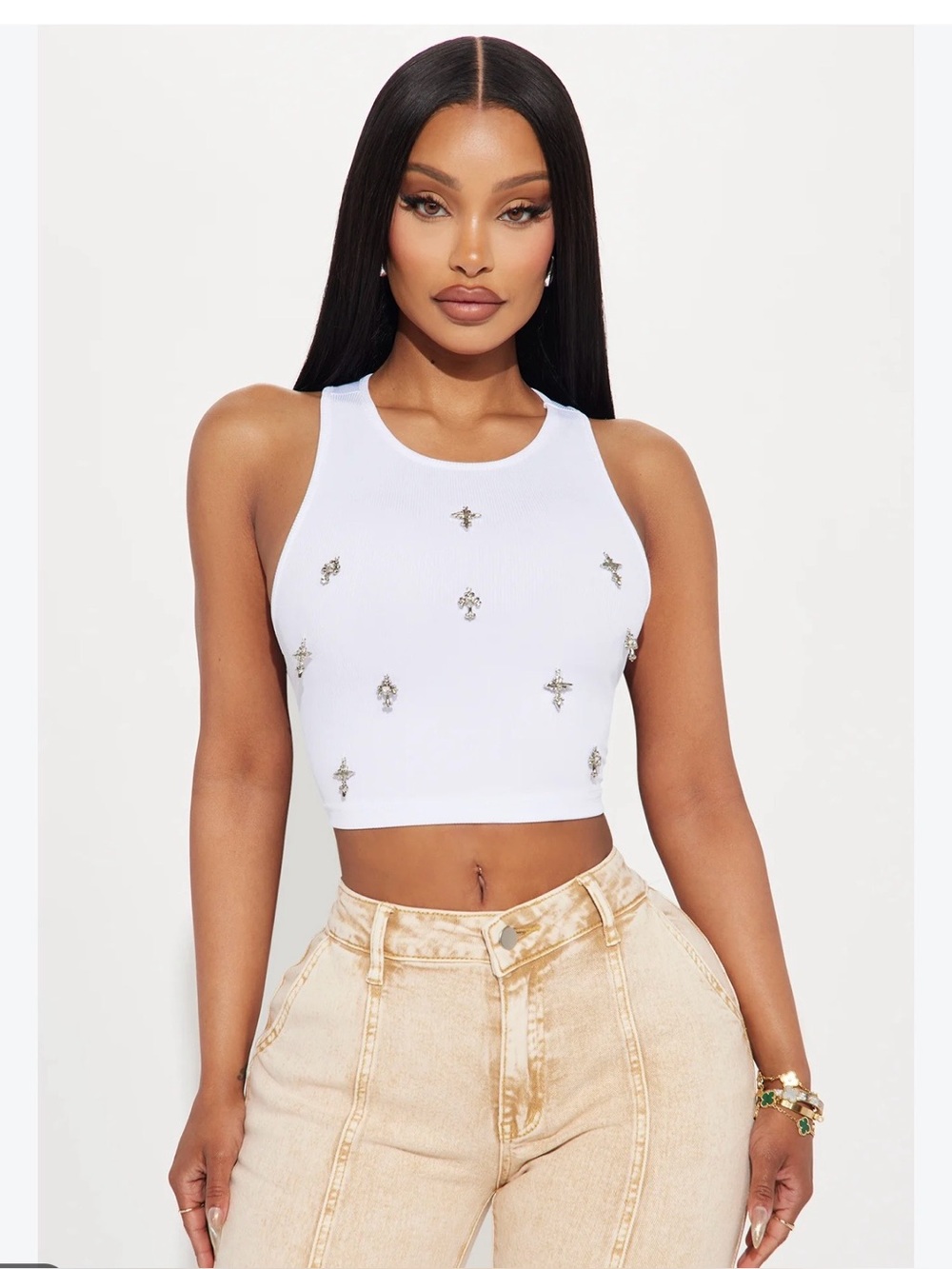 Fashion Nova White Ribbed Tank with Crystal Cross Accents